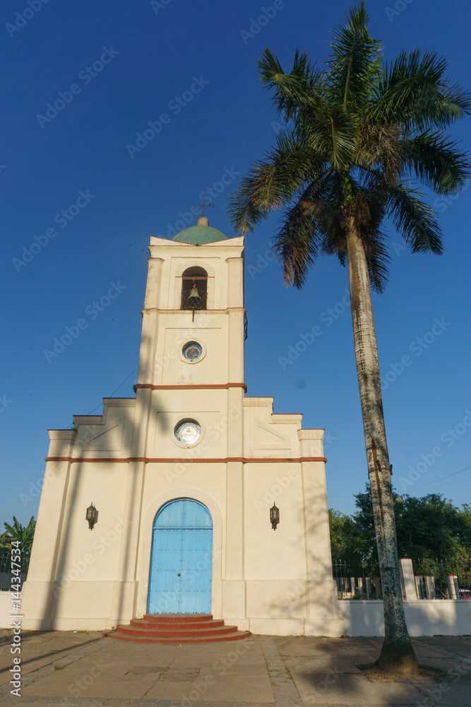 Church in Vinales with palm tree, Vinales, Cuba