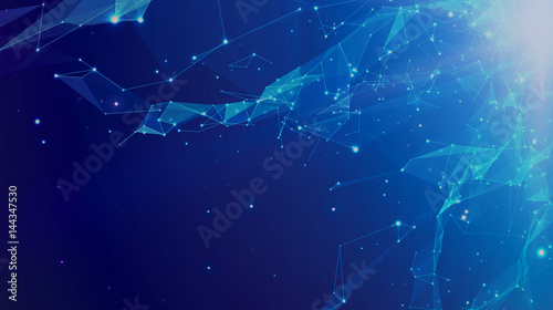 Abstract vector space blue background. Chaotically connected points and polygons flying in space. Flying debris. Futuristic technology style. Elegant background for business presentations. photo