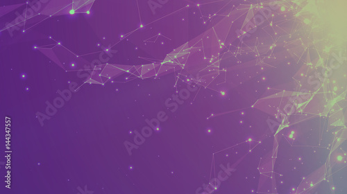 Abstract vector space violet background. Chaotically connected points and polygons flying in space. Flying debris. Futuristic technology style. Elegant background for business presentations.
