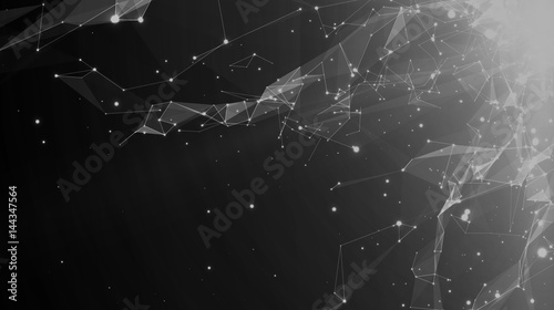 Abstract vector space monochrome background. Chaotically connected points and polygons flying in space. Flying debris. Futuristic technology style. Elegant background for business presentations.