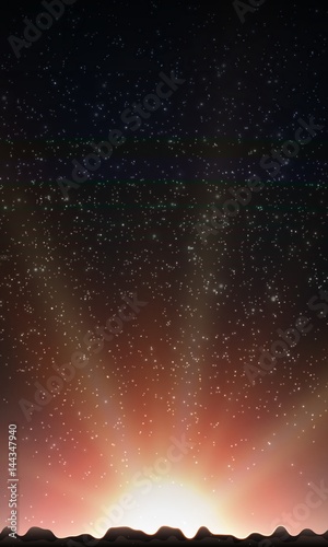 Night sky with stars. Abstract vector background with mountain landscape and sky with stars. Glow of rising sun over the mountains. Morning on distant planet. Sparkles of alien stars.