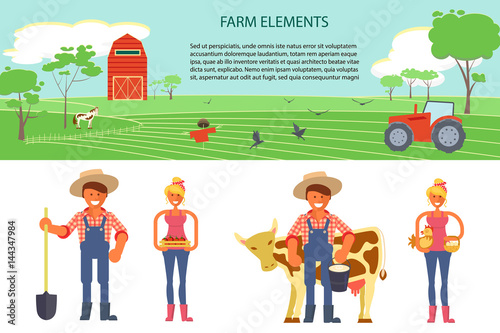 Farming infographic elements with field, farm, tractor. Farmer man and woman. Modern flat design. eps10 vector illustration.