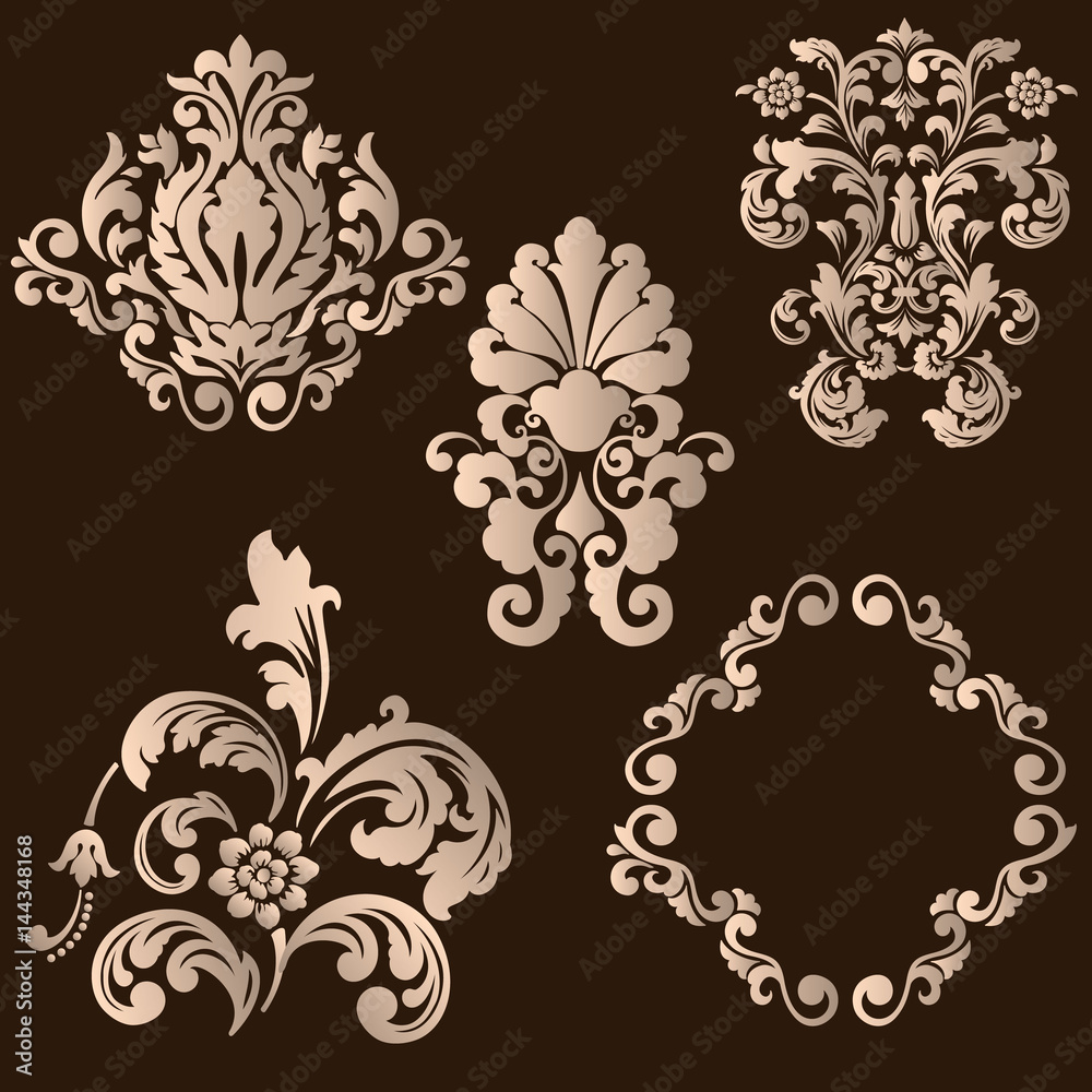 Vector set of damask ornamental elements. Elegant floral abstract elements for design. Perfect for invitations, cards etc. Vector set of damask ornamental elements. Elegant floral abstract elements for design. Perfect for invitations, cards etc.