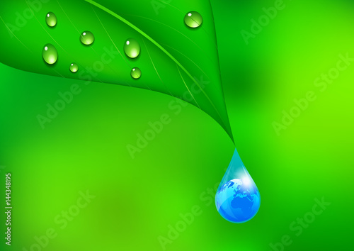 Earth in a Water Drop Background with Water dropping off a leaf