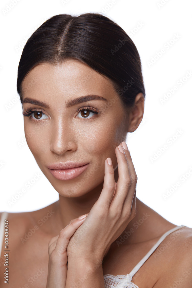 Beautiful Young Woman With Both Hands Near Face. Cosmetics Beautiful Young Woman With Both Hands Near Face. Cosmetics