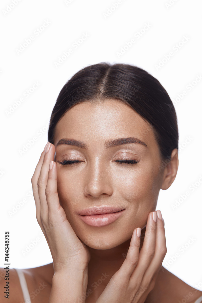 Portrait. Young Woman With Closed Eyes And Hands Touching Face Portrait. Young Woman With Closed Eyes And Hands Touching Face