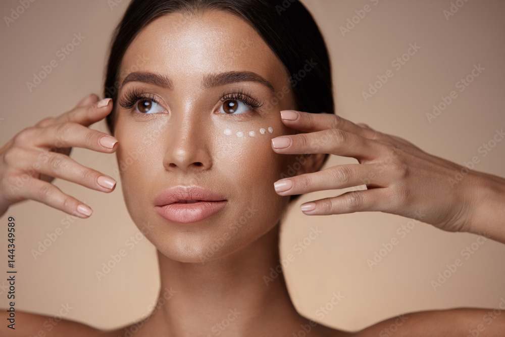 Woman With Smooth Soft Skin And Concealer Under Eyes. Cosmetics - obrazy, fototapety, plakaty 