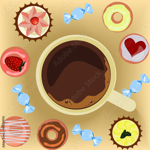 Cup of coffee with donuts top view  coffee break  breakfast meal  fast food snack  Isolated vector illustration