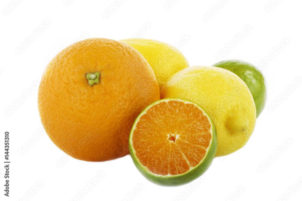 green tangerine slice and lemon isolated on white green tangerine slice and lemon isolated on white