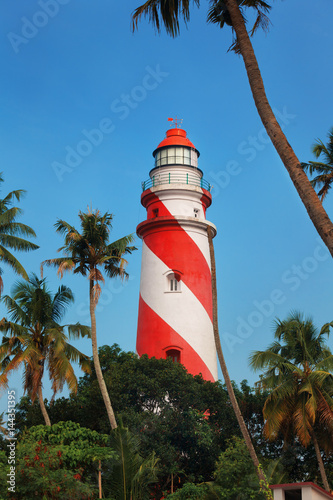 Thangassery Lighthouse on the cliff surrounded by palm trees and big sea waves on the Kollam beach. Kerala, India © photoaliona