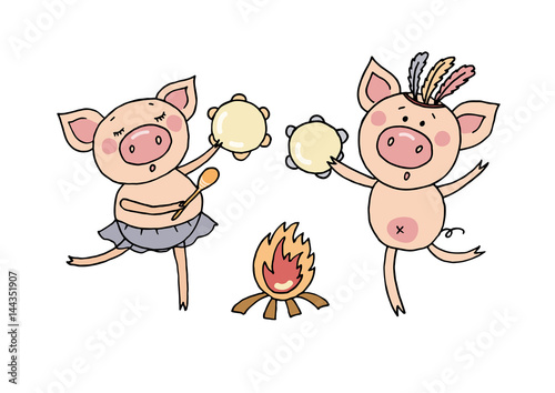 Vector illustration of a two little pigs playing tamburines.