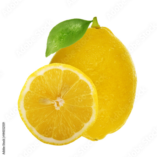 lemon with water drops with leaf isolated