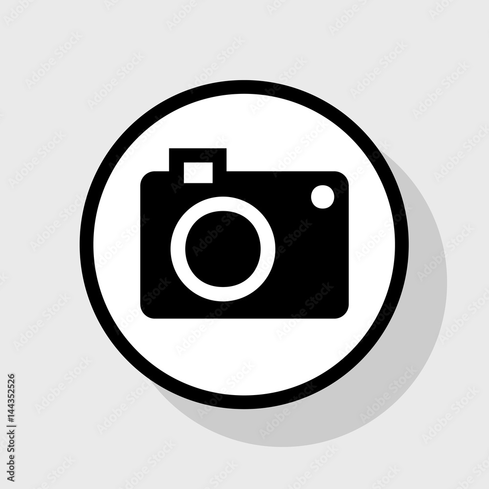 Digital camera sign. Vector. Flat black icon in white circle with shadow at gray background.