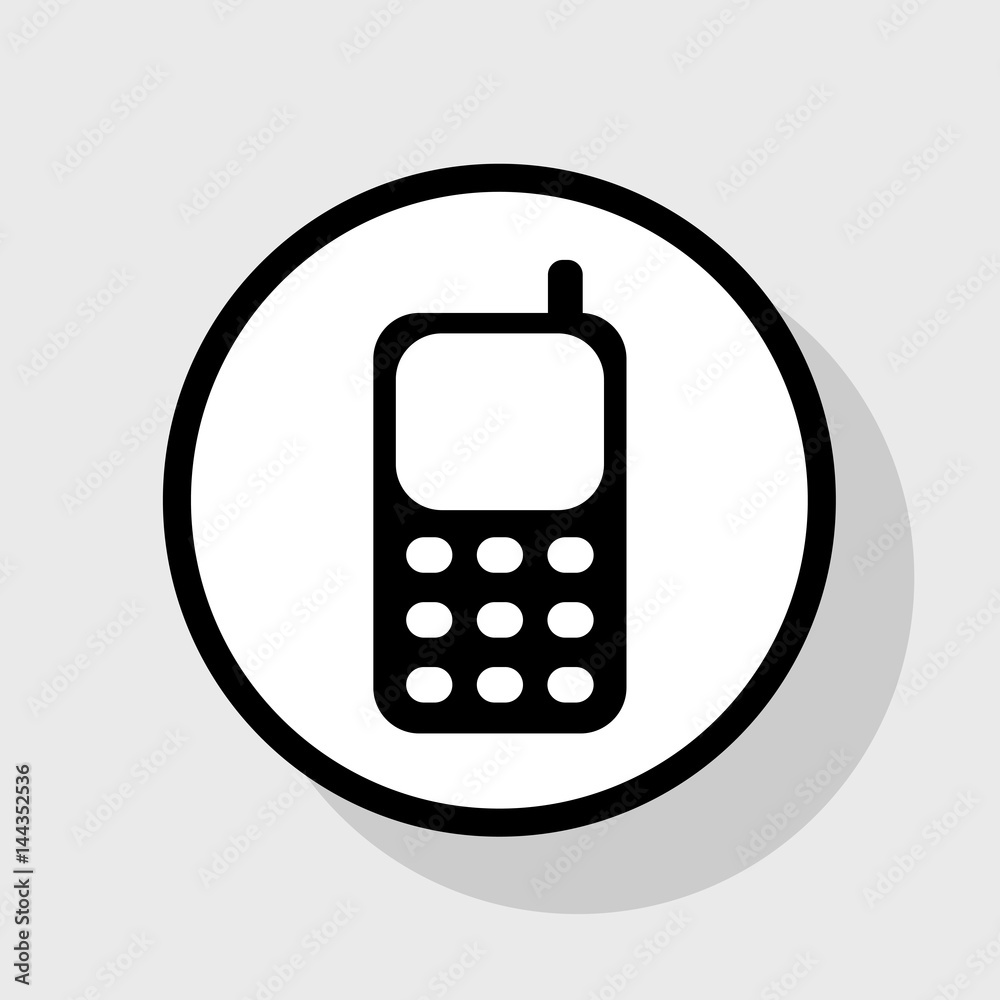 Cell Phone sign. Vector. Flat black icon in white circle with shadow at gray background. Cell Phone sign. Vector. Flat black icon in white circle with shadow at gray background.