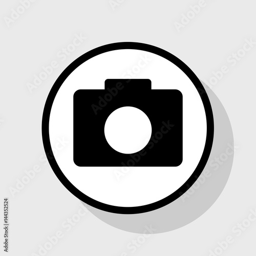 Digital camera sign. Vector. Flat black icon in white circle with shadow at gray background.