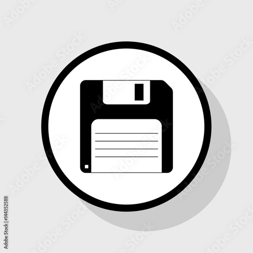 Floppy disk sign. Vector. Flat black icon in white circle with shadow at gray background.