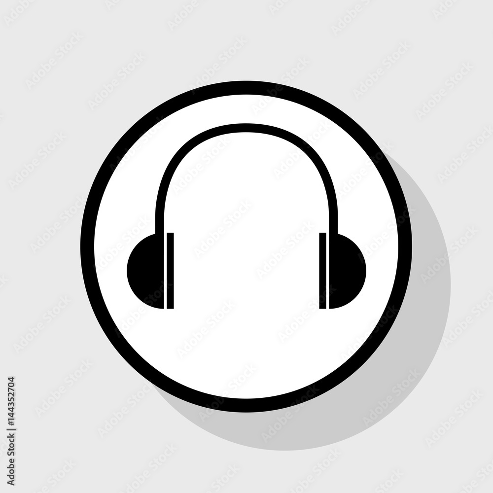 Headphones sign illustration. Vector. Flat black icon in white circle with shadow at gray background. Headphones sign illustration. Vector. Flat black icon in white circle with shadow at gray background.