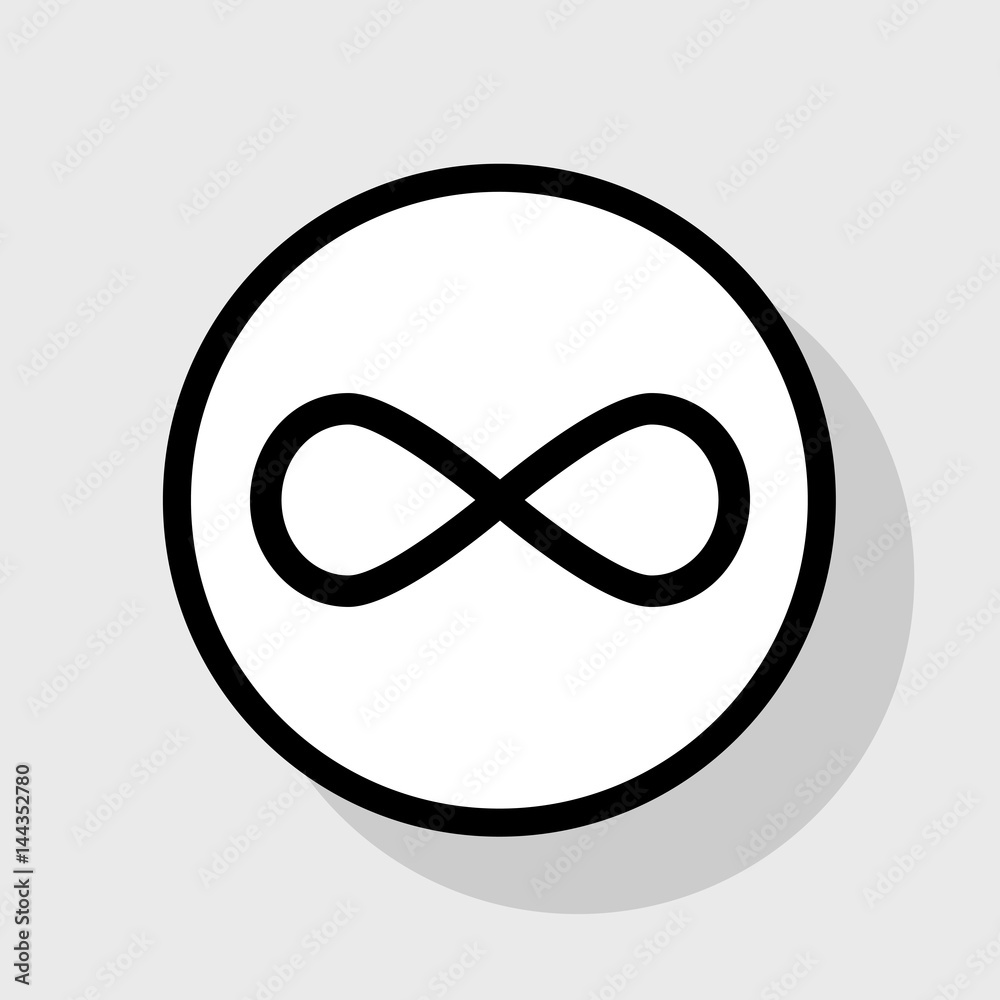 Limitless symbol illustration. Vector. Flat black icon in white circle with shadow at gray background. Limitless symbol illustration. Vector. Flat black icon in white circle with shadow at gray background.