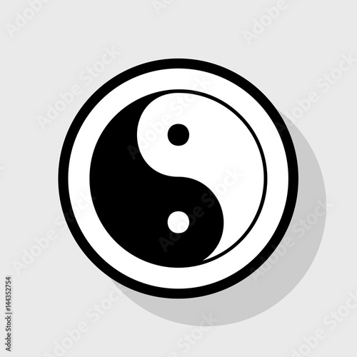 Ying yang symbol of harmony and balance. Vector. Flat black icon in white circle with shadow at gray background.