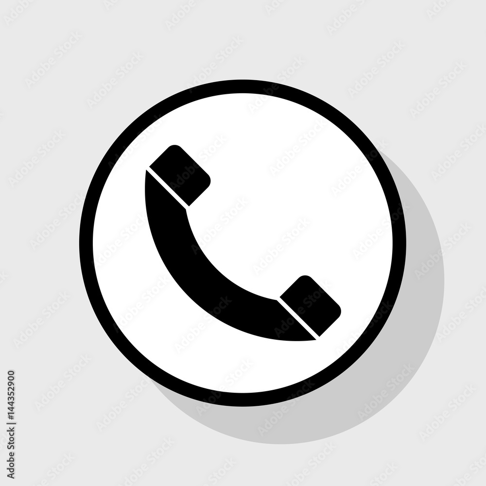 Phone sign illustration. Vector. Flat black icon in white circle with shadow at gray background. Phone sign illustration. Vector. Flat black icon in white circle with shadow at gray background.