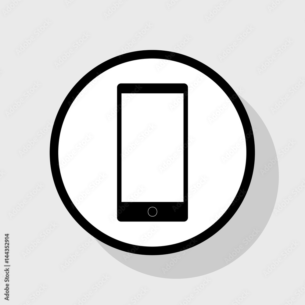 Abstract style modern gadget with blank screen. Template for any content. Vector. Flat black icon in white circle with shadow at gray background. Abstract style modern gadget with blank screen. Template for any content. Vector. Flat black icon in white circle with shadow at gray background.