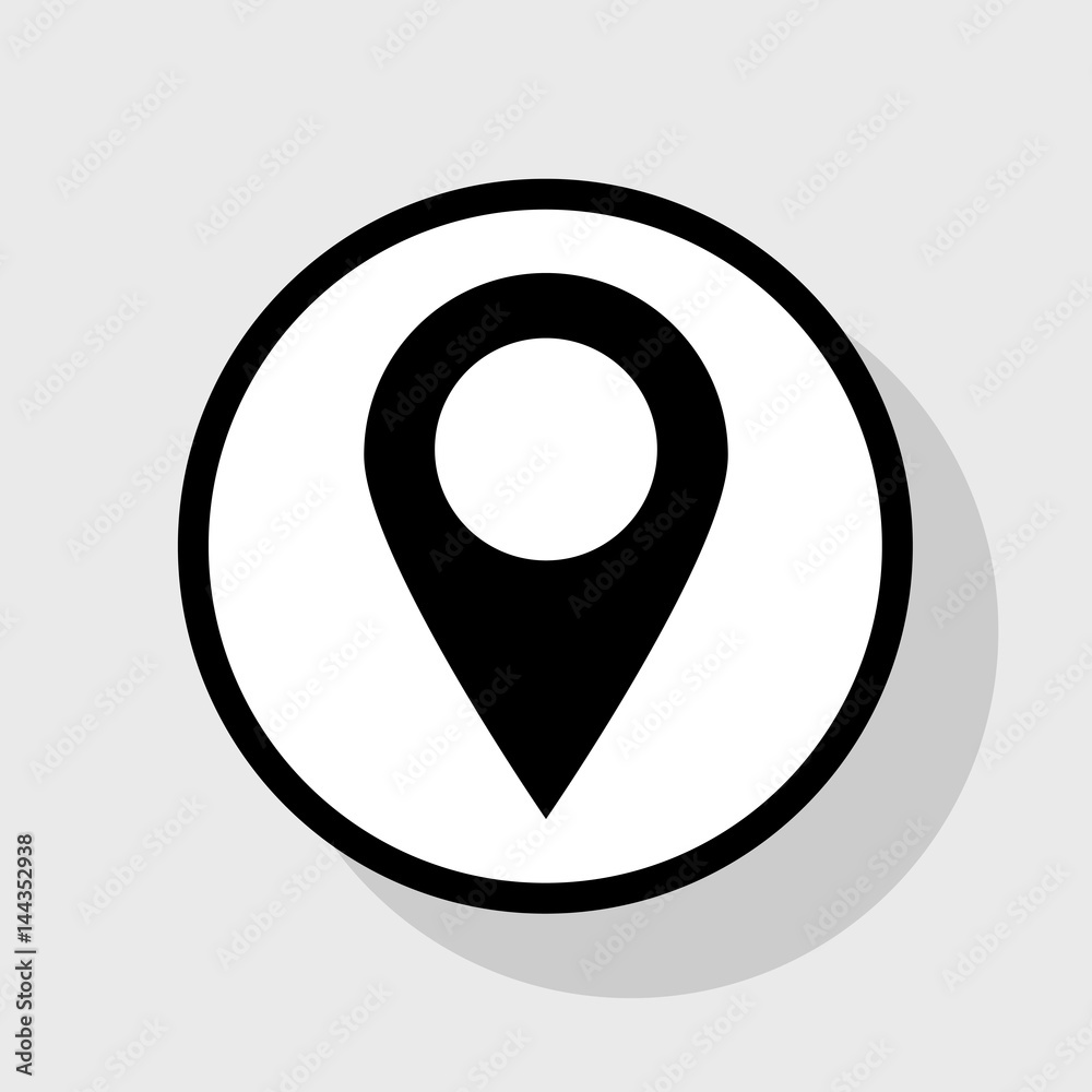 Mark pointer sign. Vector. Flat black icon in white circle with shadow at gray background. Mark pointer sign. Vector. Flat black icon in white circle with shadow at gray background.