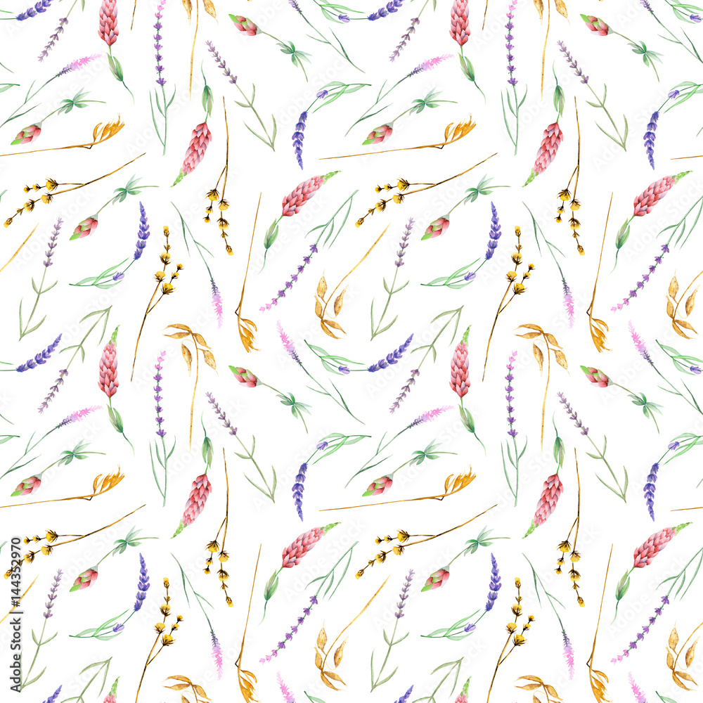 Seamless pattern with yellow dry wildflowers, lupine and lavender flowers, hand drawn in watercolor on a white background Seamless pattern with yellow dry wildflowers, lupine and lavender flowers, hand drawn in watercolor on a white background