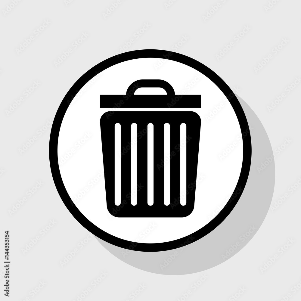 Trash sign illustration. Vector. Flat black icon in white circle with shadow at gray background. Trash sign illustration. Vector. Flat black icon in white circle with shadow at gray background.