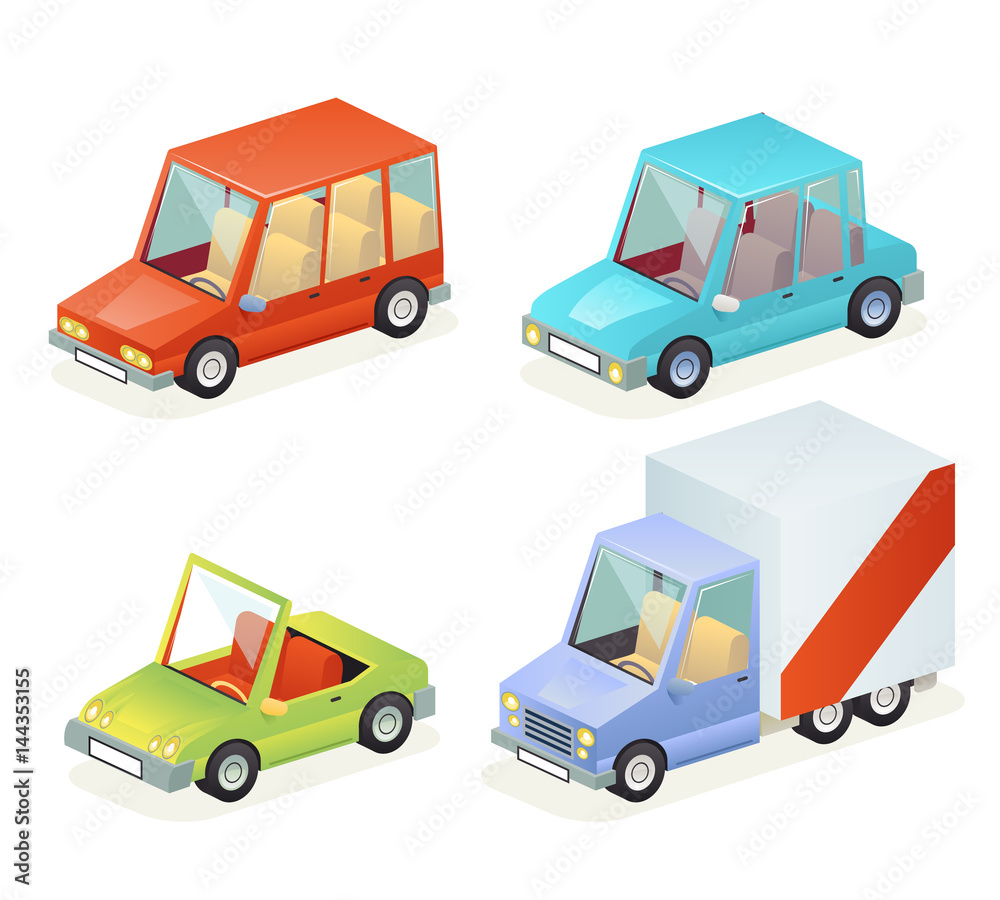 Isometric Car Vehicle Transport Icons Set Design Stylish Retro Cartoon Flat Design Vector Illustration