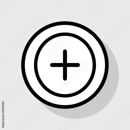 Positive symbol plus sign. Vector. Flat black icon in white circle with shadow at gray background.