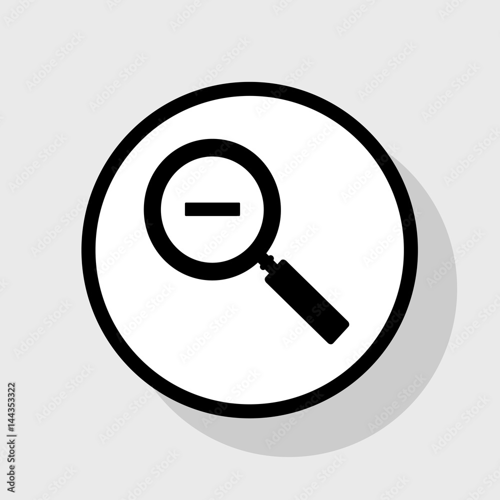 Zoom sign illustration. Vector. Flat black icon in white circle with shadow at gray background. Zoom sign illustration. Vector. Flat black icon in white circle with shadow at gray background.