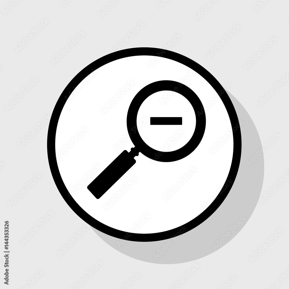Zoom sign illustration. Vector. Flat black icon in white circle with shadow at gray background. Zoom sign illustration. Vector. Flat black icon in white circle with shadow at gray background.