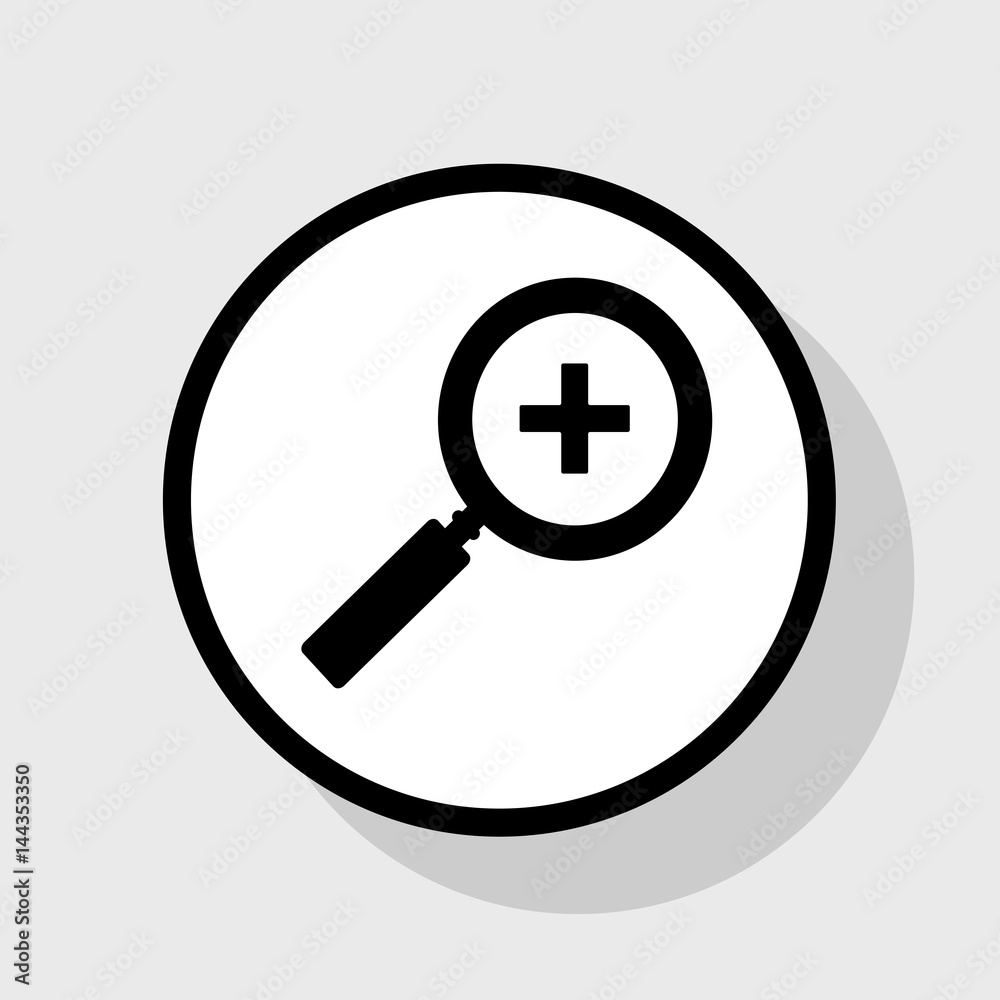 Zoom sign illustration. Vector. Flat black icon in white circle with shadow at gray background. Zoom sign illustration. Vector. Flat black icon in white circle with shadow at gray background.