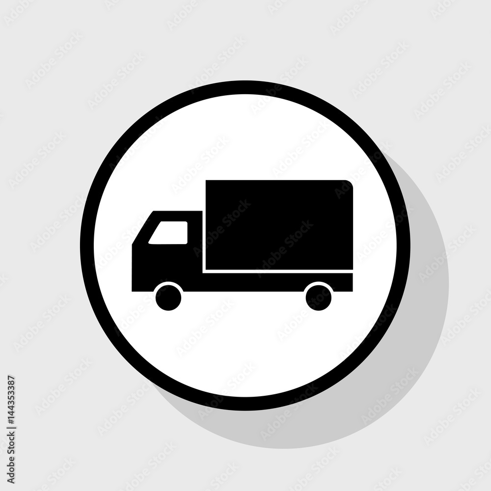 Delivery sign illustration. Vector. Flat black icon in white circle with shadow at gray background. Delivery sign illustration. Vector. Flat black icon in white circle with shadow at gray background.