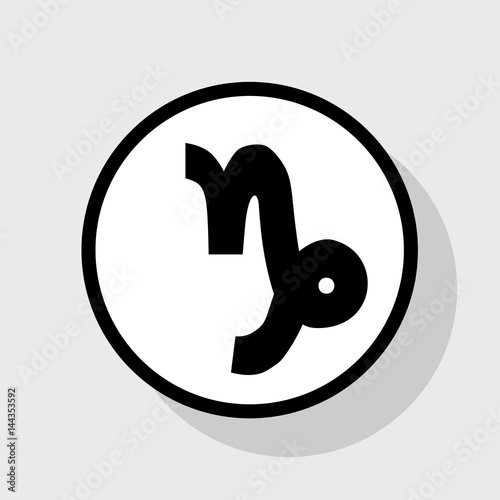 Capricorn sign illustration. Vector. Flat black icon in white circle with shadow at gray background.