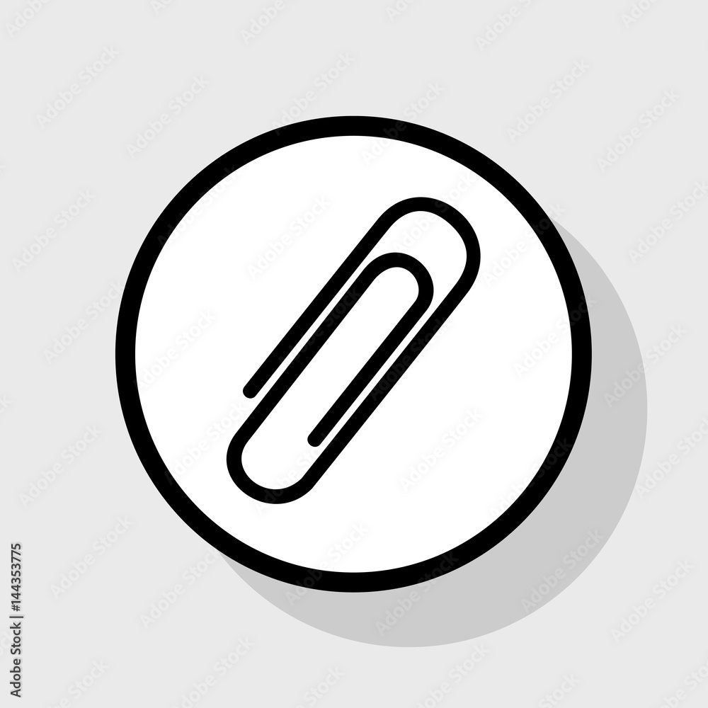 Clip sign illustration. Vector. Flat black icon in white circle with shadow at gray background. Clip sign illustration. Vector. Flat black icon in white circle with shadow at gray background.