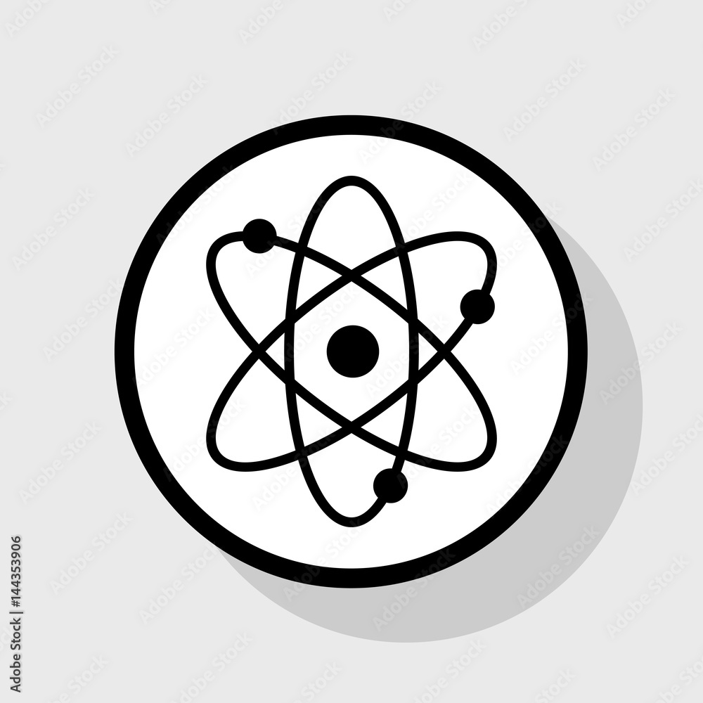 Atom sign illustration. Vector. Flat black icon in white circle with shadow at gray background. Atom sign illustration. Vector. Flat black icon in white circle with shadow at gray background.