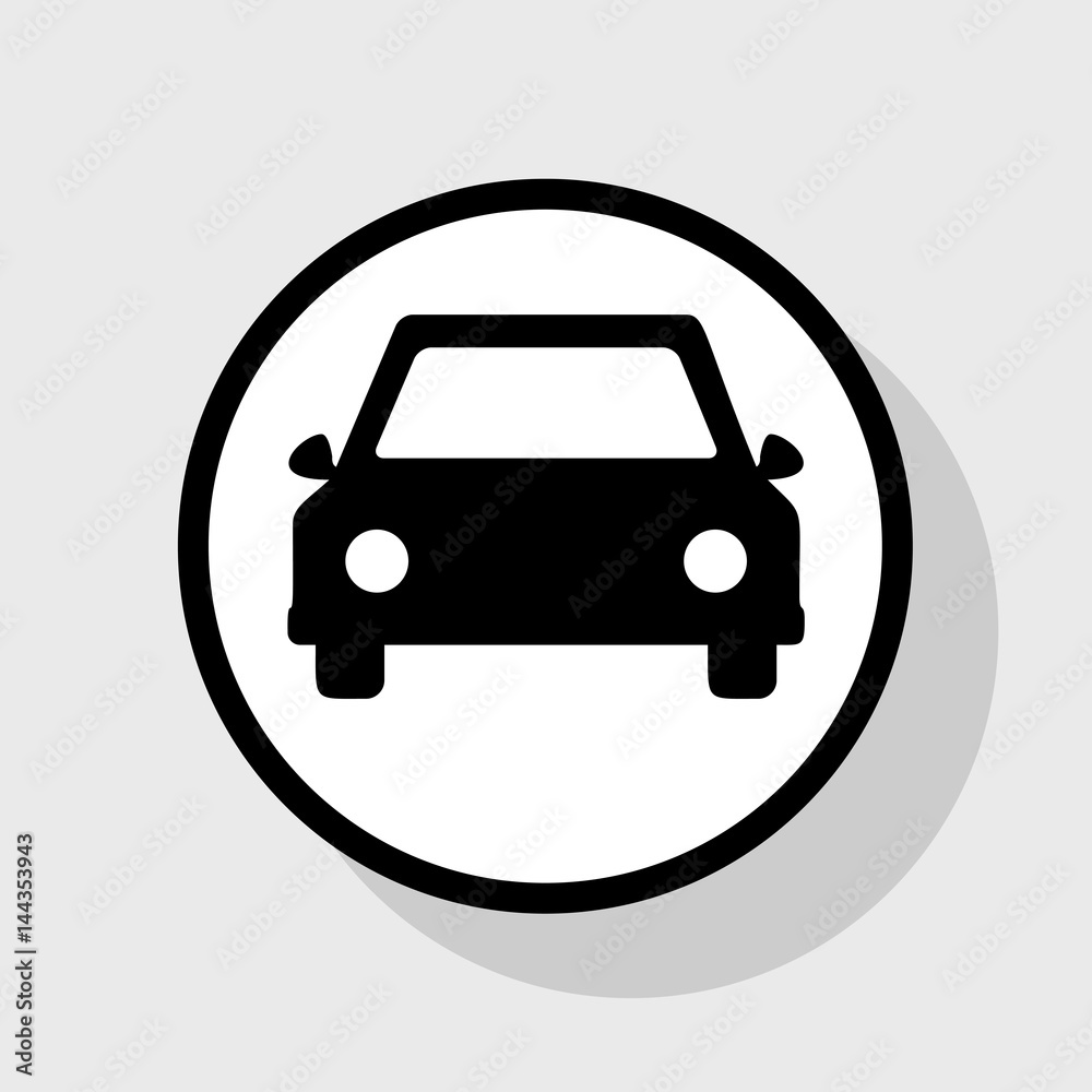 Car sign illustration. Vector. Flat black icon in white circle with shadow at gray background. Car sign illustration. Vector. Flat black icon in white circle with shadow at gray background.