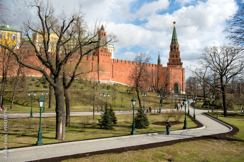 Apr 17, 2015 - Moscow, Russia : tourist on the walkway with Walls and Towers of the Kremlin