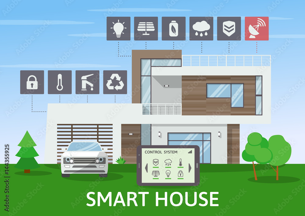 Modern Smart House infographic banner. Flat design style concept, technology system with centralized control. Vector illustration. Modern Smart House infographic banner. Flat design style concept, technology system with centralized control. Vector illustration.