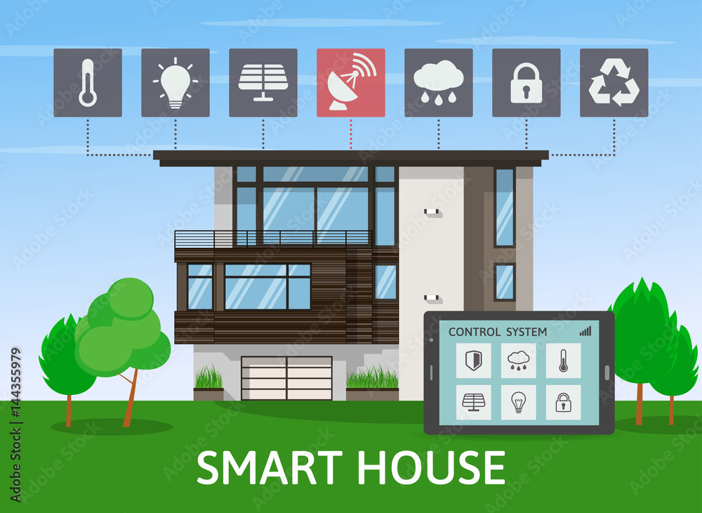 Modern Smart House infographic banner. Flat design style concept, technology system with centralized control. Vector illustration. Modern Smart House infographic banner. Flat design style concept, technology system with centralized control. Vector illustration.