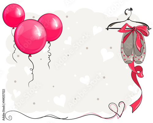 Background with pink balloons and beautiful baby shoes