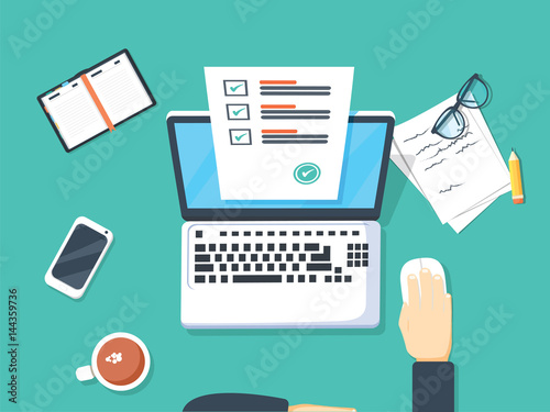 Online form survey on laptop vector illustration, person working on computer