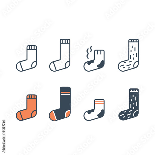 Socks line icons set. Different type of length, color and material.