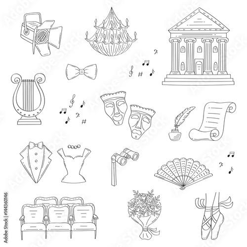 Vector set of theater icons hand drawn, doodle.