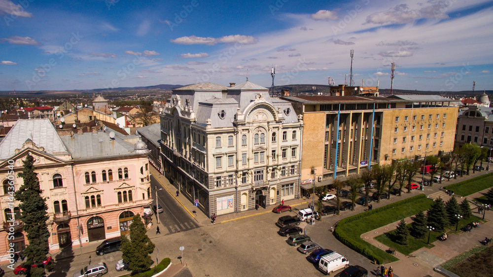 Chernivtsi city from above Western Ukraine. Sunny day with sky of the city.