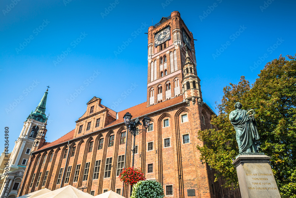 Town hall and Copernicus monument in Torun old town Poland