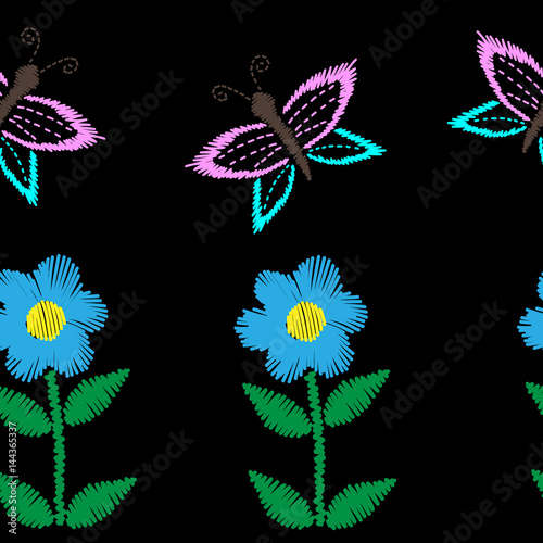 Seamless pattern with butterfly and flower embroidery stitches imitation