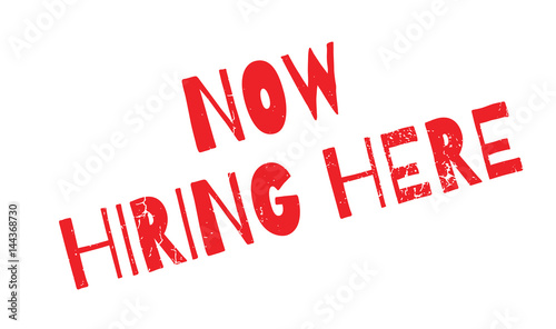 Now Hiring Here rubber stamp. Grunge design with dust scratches. Effects can be easily removed for a clean, crisp look. Color is easily changed.