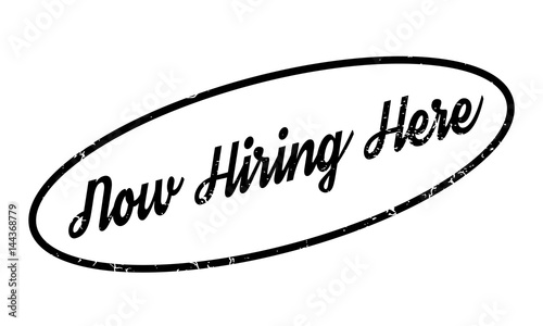 Now Hiring Here rubber stamp. Grunge design with dust scratches. Effects can be easily removed for a clean, crisp look. Color is easily changed.